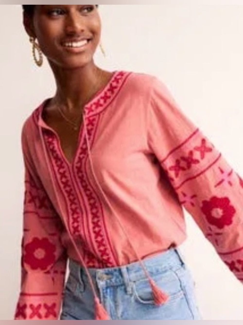 BODEN Diana Embroidered Pink Boho l/s Peasant Top. Sz 4